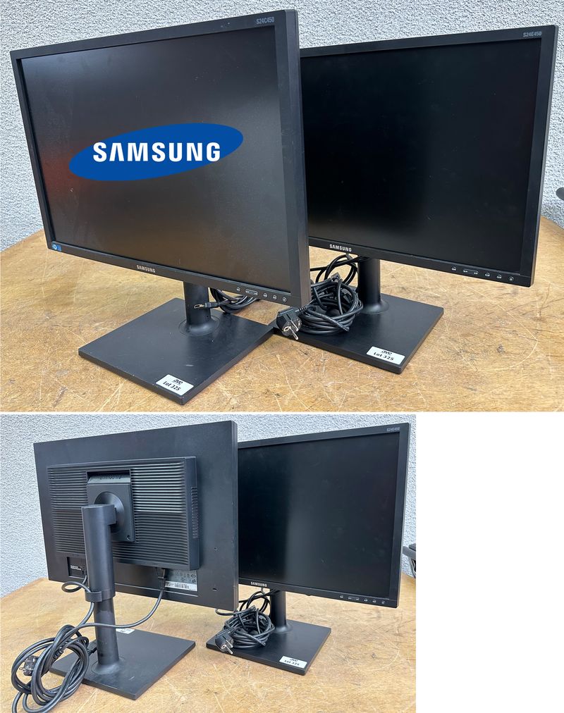 2 MONITEURS SUR PIED A ECRANS LED DE 24 POUCES DE MARQUE SAMSUNG MODELE S24E450. VENDU AVEC CABLES VIDEO ET ALIMENTATION.