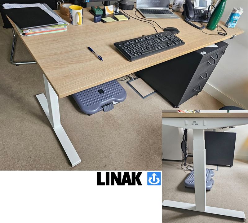 BUREAU A HAUTEUR AJUSTABLE ELECTRIQUE DE MARQUE LINAK MODELE DF2 PLATEAU EN PLACAGE DE CHENE CLAIR REPOSANT SUR UNE STRUCTURE EN ACIER LAQUE BLANC. HAUTEUR MAX : 122 CM ; HAUTEUR MIN : 60 CM, 160 X 80 CM.