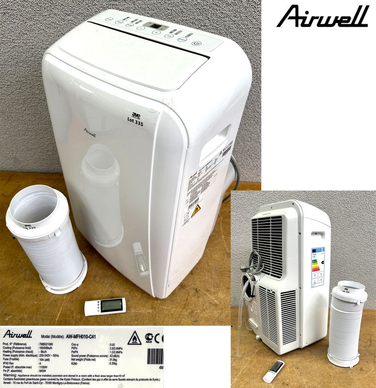 CLIMATISEUR MOBILE SUR ROULETTE DE MARQUE AIRWELL MODELE AW-MFH010-C41 A PROGRAMMATION 24 HEURES. VENDU AVEC SA GAINE TELESCOPIQUE D'EXTRACTION ET TELECOMMANDE.