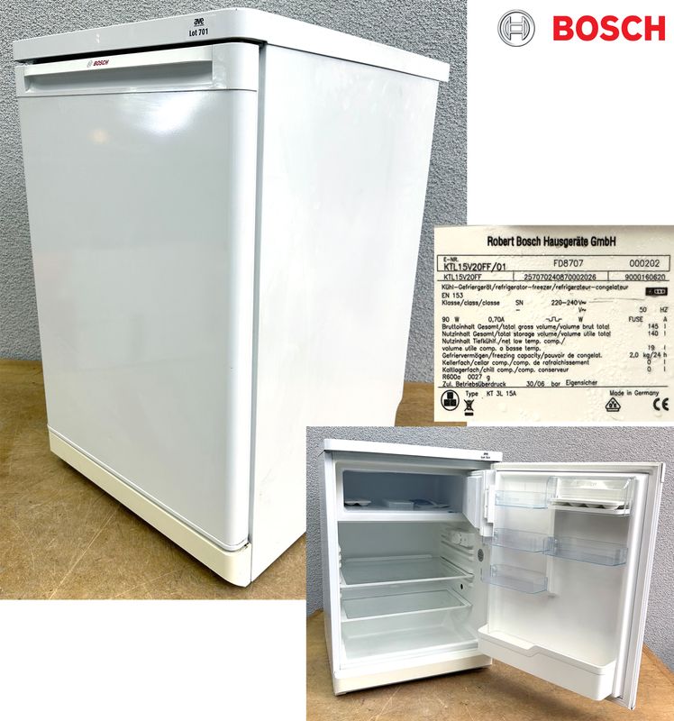 REFRIGERATEUR 140 LITRES A COMPARTIMENT CONGELATEUR DE MARQUE BOSCH MODELE FD8707. INCOMPLET : MANQUE BAC A LEGUME. 85 X 55 X 60 CM.