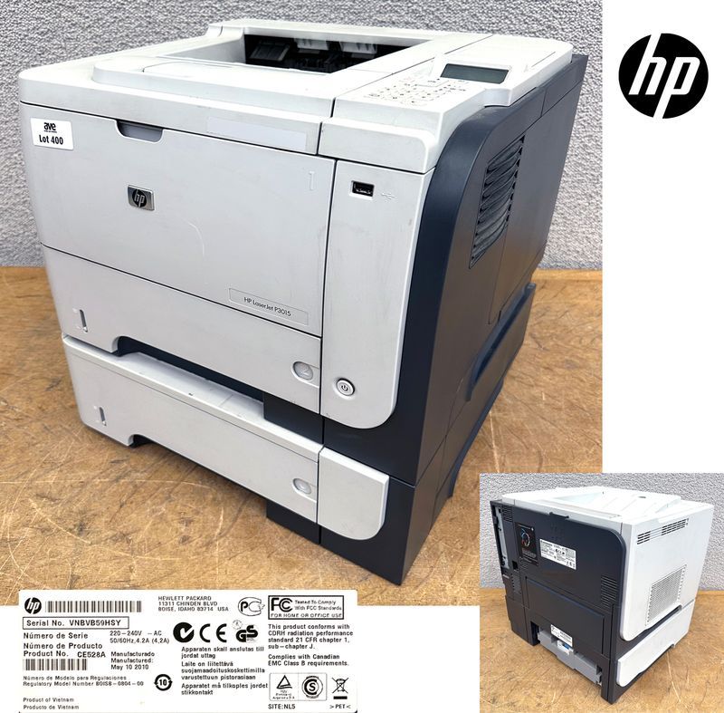 IMPRIMANTE LASER NOIR ET BLANC DE MARQUE HP MODELE HP LASERJET P3015, 40 PAGES MINUTES, RECTO-VERSO, 2 BACS, RESEAU, USB.  VENDU AVEC CABLE D'ALIMENTATION.