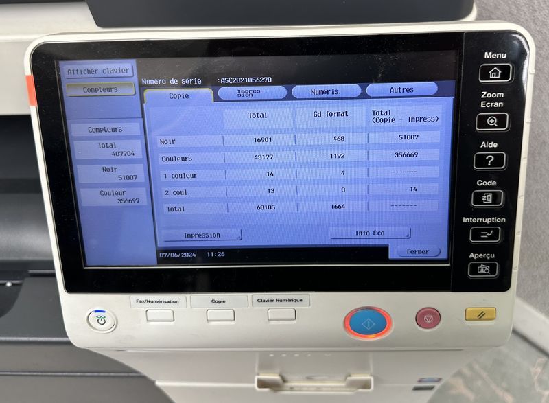 IMPRIMANTE MULTIFONCTIONS COULEUR A3 DE MARQUE KONICA MINOLTA MODELE BIZHUB C284E. 28 PAGES MINUTE, 3 BACS DONT 1 DE TRES GRANDE CAPACITE, COPIEUR, DUPLEX AUTO, SCANNER DONT : SCAN TO EMAIL - SCAN TO SMB - SCAN TO FTP - SCAN TO HDD - SCAN TO USB - SCAN TO WEBDAV ET NETWORK TWAIN SCAN, FAX, RECTO VERSO, BYPASS, FEEDER, RESEAU GIGABIT, DISQUE DUR INTERNE DE 250 GO, RAM 1 GO, ECRAN TACTILE 9 POUCES. TRIEUSE HS. VENDU AVEC CABLE D'ALIMENTATION ET CABLE RJ45. 407 704 COPIES.