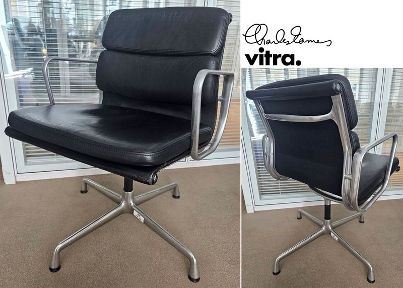 FAUTEUIL PIVOTANT DESIGN CHARLES ET RAY EAMES MODELE SOFT PAD EA208 EDITION VITRA, STRUCTURE EN ALUMINIUM, GARNITURE EN CUIR NOIR REPOSANT SUR UN PIETEMENT EN ETOILE A 4 BRANCHES SUR PATINS. 84 X 58 X 69 CM. ALUMINIUM ET CUIR LEGEREMENT RAYE. ASSISE ET DOSSIER LEGEREMENT GRIFFE.