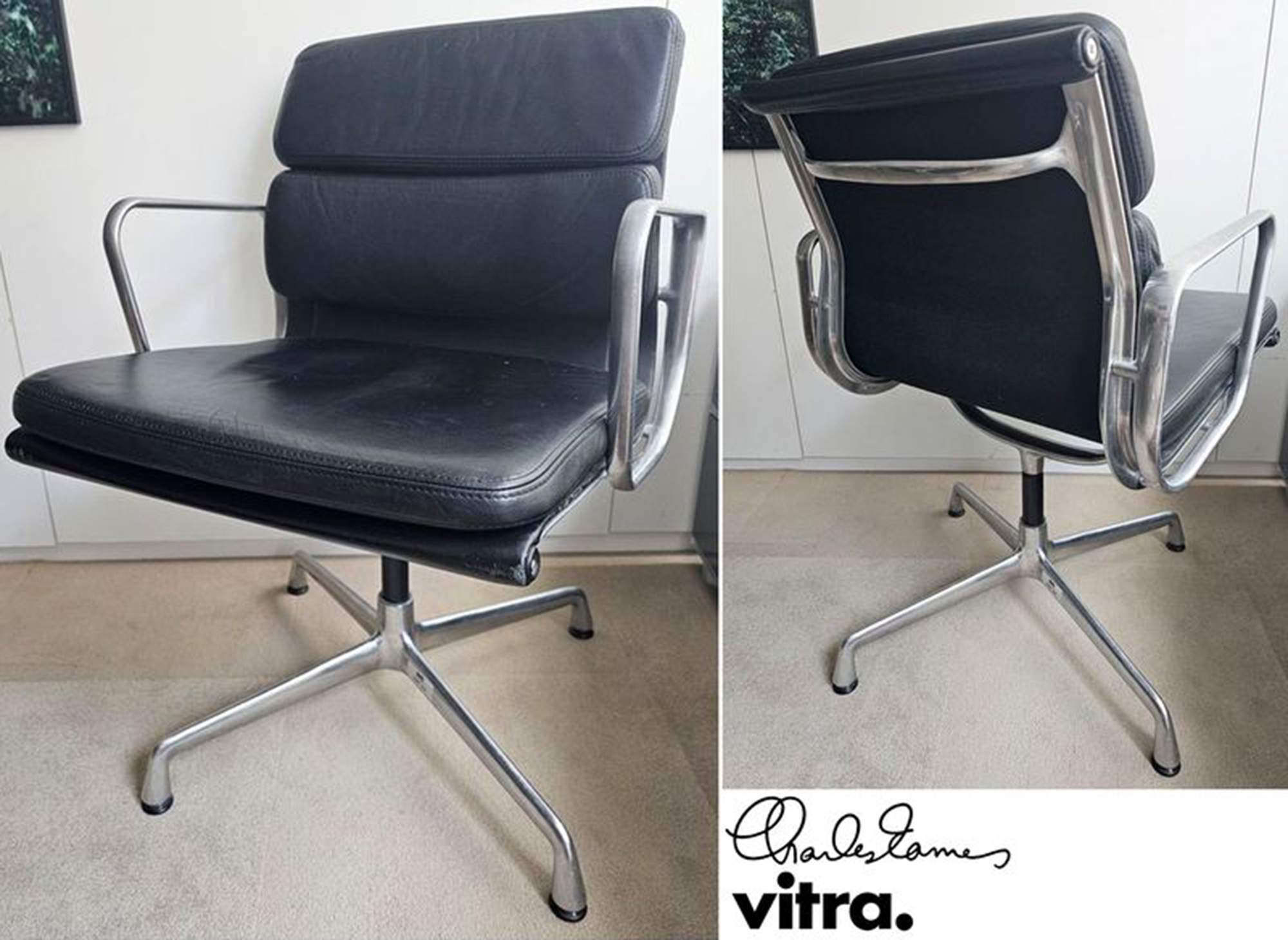 FAUTEUIL PIVOTANT DESIGN CHARLES ET RAY EAMES MODELE SOFT PAD EA208 EDITION VITRA, STRUCTURE EN ALUMINIUM, GARNITURE EN CUIR NOIR REPOSANT SUR UN PIETEMENT EN ETOILE A 4 BRANCHES SUR PATINS. 84 X 58 X 69 CM. TRES LEGERE USURE CUIR ET ALUMINIUM.