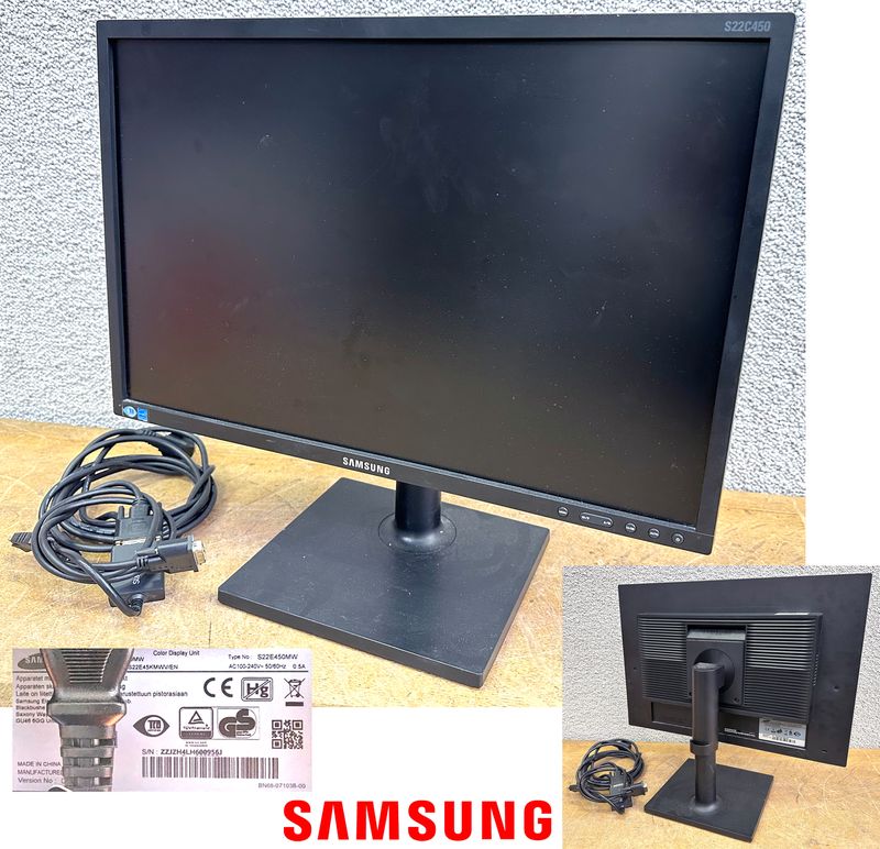 2 UNITES: MONITEUR SUR PIED A ECRAN LED 22 POUCES DE MARQUE SAMSUNG MODEL S22E450 OU S22C450. VENDU AVEC OU SANS CABLE D'ALIMENTATION ET VIDEO.