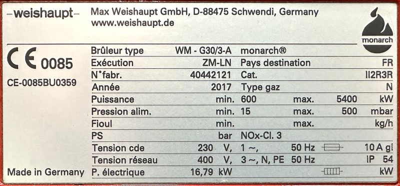 BRULEUR WEISHAUPT MONARCH WM-G30/3-A GAZ - FIOUL ET MIXTESTYPE : WM-G30/3-A. EXECUTION : ZM-LN, PUISSANCE MINIMUM 600 KW - PUISSANCE MAXIMUM : 5400 KW - PUISSANCE ELECTRIQUE : 14,2 KW, NUMERO DE SERIE : 40442121 - ELECTROVANNE : SIEMENS DMV 525/12 - ANNEE : 2017  - MISE EN SERVICE : 2018. LOT VENDU SUR DESIGNATION. LOT VISIBLE SUR RDV LE LUNDI 23 SEPTEMBRE DE 10H A 13H AU 12 RUE JACQUES DAGUERRE - 77100 MEAUX. ENLEVEMENT SUR RDV ENTRE LE MARDI 1 OCTOBRE ET LE VENDREDI 11 OCTOBRE. UNE ASSISTANCE AU CHARGEMENT (DEPOSE DE LA PALETTE SUR PLATEAU UNIQUEMENT) SERA POSSIBLE.