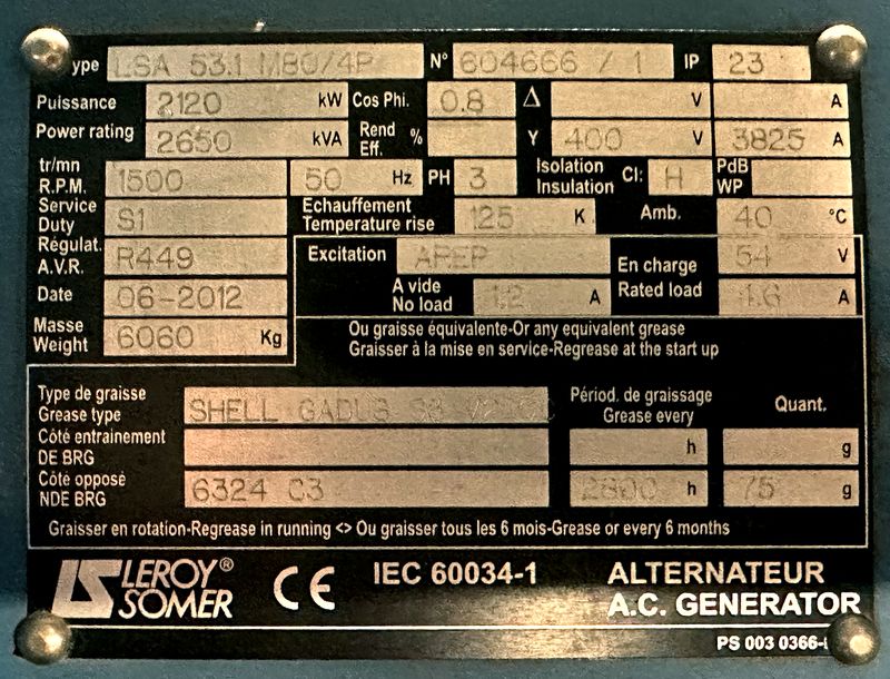 GROUPE ELECTROGENE MTU - LEROY SOMER 53.1 M80/4P 2120 KVA 