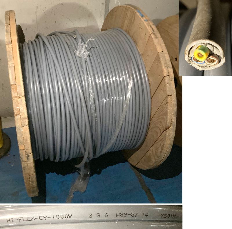 TOURET DE CABLES DE CUIVRE HI-FLEX-CY-1000V 3G6 A39-37. POIDS BRUT 219 KG, DIAMETRE DU TOURET 98 CM POIDS APPROXIMATIF DU TOURET 50 KG, DIAMETRE DU CABLE 2 CM. ARCUEIL 3 -1