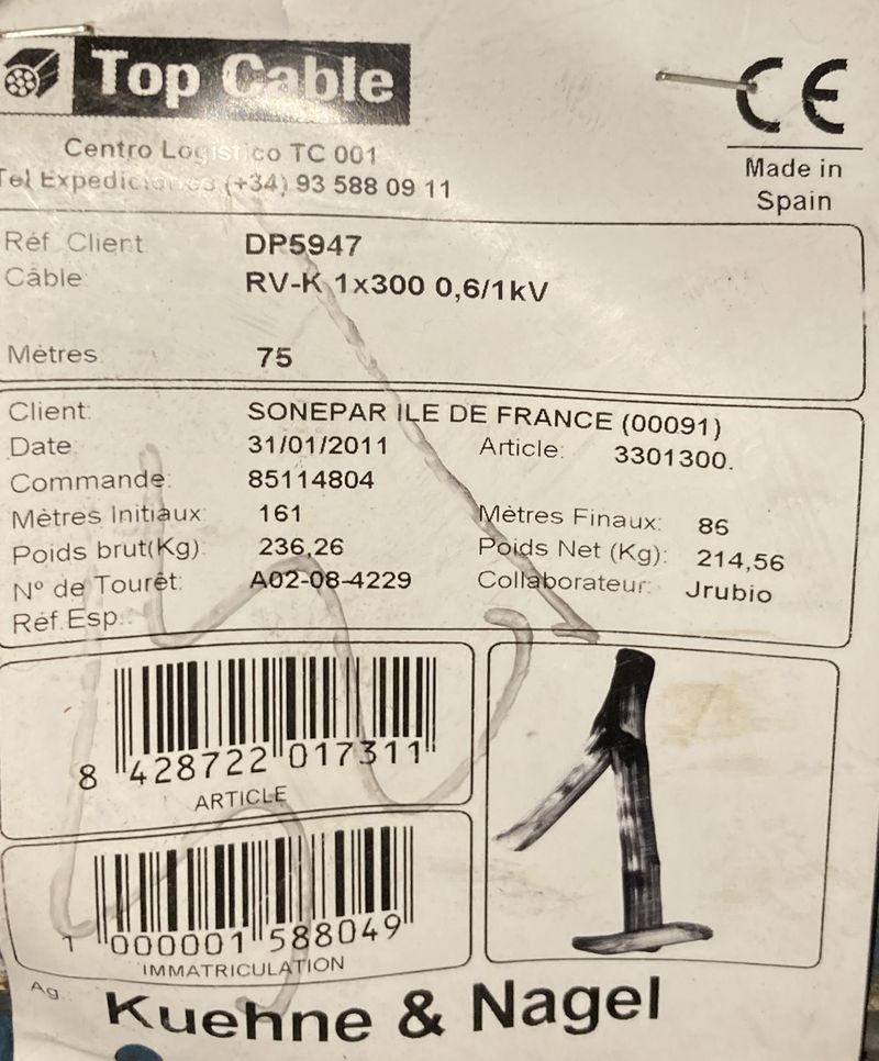 TOURET DE CABLES DE CUIVRE RV-K 1X3000 0,6/1KV. POIDS BRUT 55 KG, DIAMETRE DU TOURET 80 CM POIDS APPROXIMATIF DU TOURET 30 KG, DIAMETRE DU CABLE 1 CM. ARCUEIL 3 -1