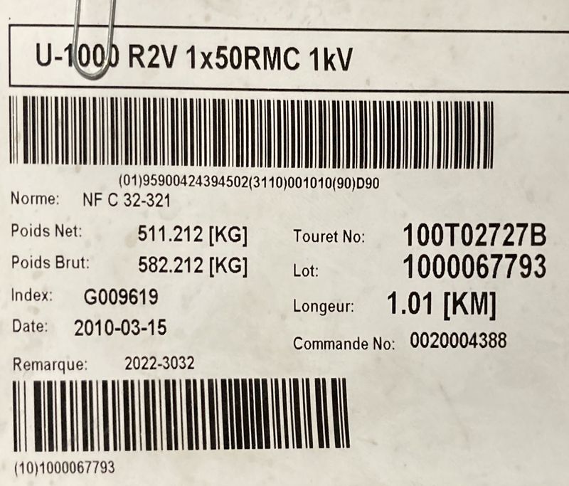 TOURET DE CABLES DE CUIVRE U-1000 R2V 1X50RMC 1KV. POIDS BRUT 249 KG, DIAMETRE DU TOURET 100 CM POIDS APPROXIMATIF DU TOURET 50 KG, DIAMETRE DU CABLE 4 CM. ARCUEIL 3 -1