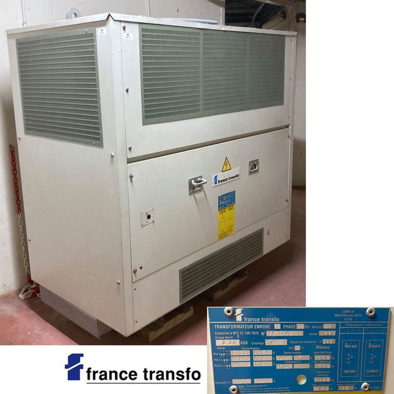 TRANSFORMATEUR ENROBE 3 PHASES 50HZ 800 KVA ANNEE 1991 DE MARQUE FRANCE TRANSFORMATEUR MODELE 183540-2. 170 X 172 X 96 CM. POIDS TOTAL 2430 KG. ARCUEIL CAFET -1.