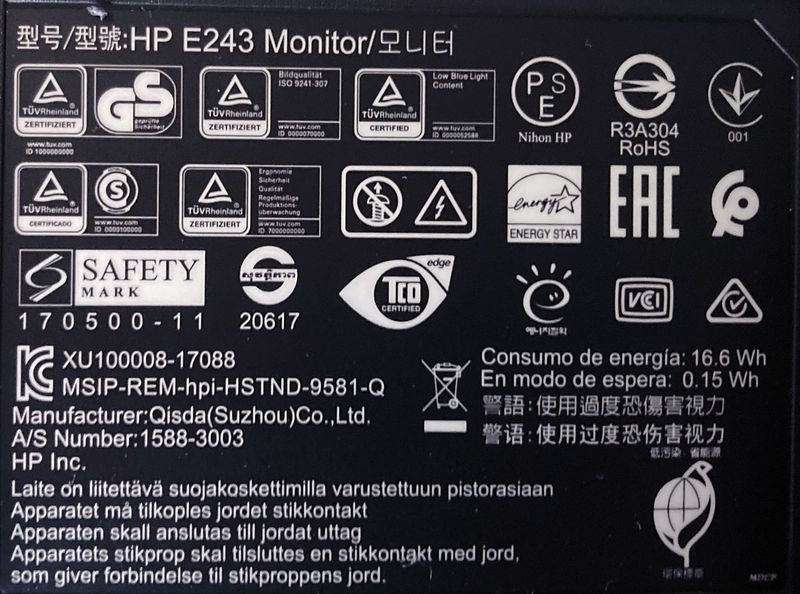 MONITEUR LED 24 POUCES SUR PIED AJUSTABLE DE MARQUE HP MODELE E243 AVEC SON CABLE D'ALIMENTATION.