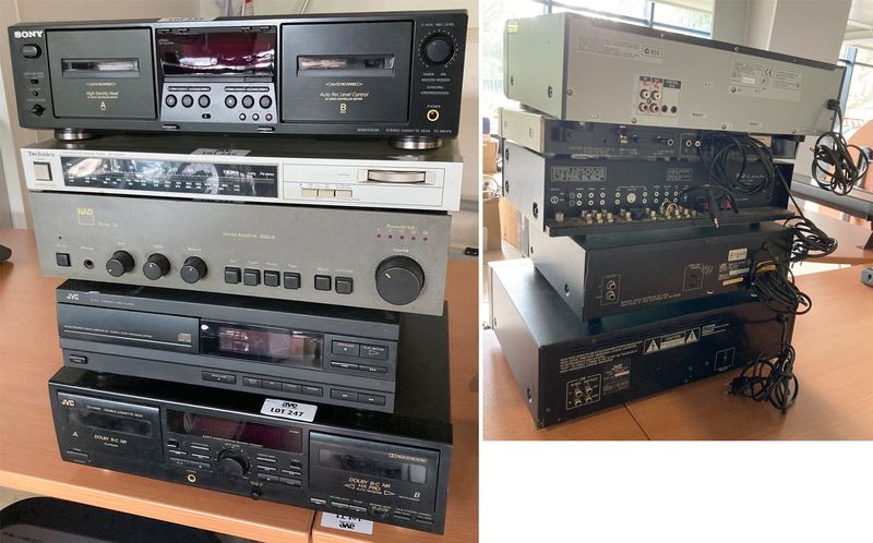 ENSEMBLE HIFI COMPRENANT : 1 AMPLIFICATEUR DE MARQUE NAD MODELE 3020A, 1 LECTEUR DE CD DE MARQUE JVC MODELE XL-E31, 1 DOUBLE LECTEUR DE CASSETTES DE MARQUE JVC MODELE TD-W208, 1 DOUBLE LECTEUR DE CASSETTES DE MARQUE SONY MODEL TC-WE475 ET 1 TUNER DE MARQUE TECHNICS MODELE ST-Z200L. ARCUEIL 4.