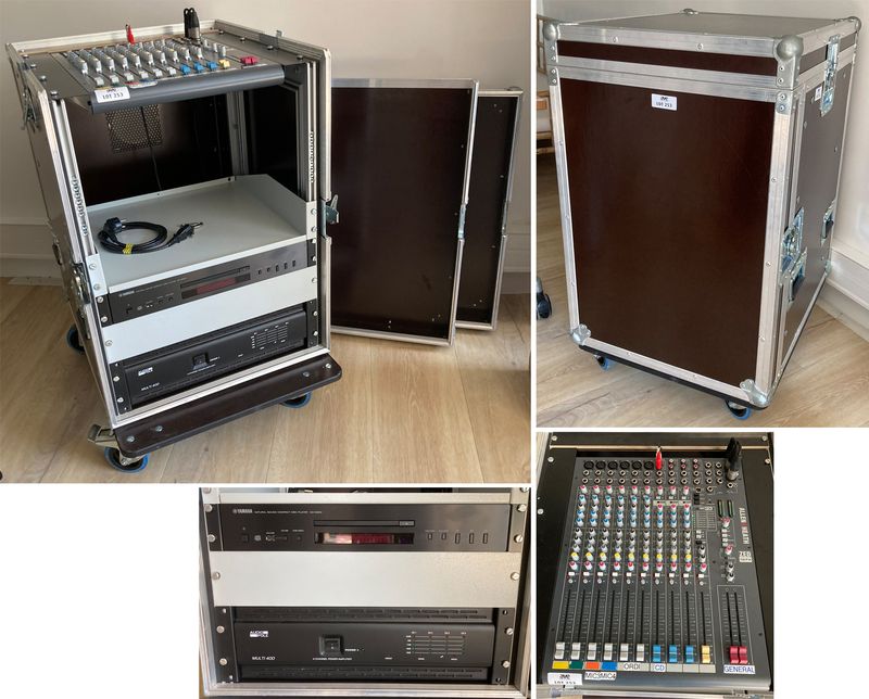 REGIE SON DANS FLYCASE SUR ROULETTES COMPRENANT : 1 AMPLIFICATEUR DE MARQUE AUDIO POLE MODELE MULTI 400, 1 LECTEUR DE CD DE MARQUE YAMAHA MODELE CD-300 ET 1 TABLE DE MIXAGE 10 VOIES DE MARQUE ALLEN & HEATH MODELE ZED 12 FX. 94 X 53 X 67 CM. ARCUEIL 4.