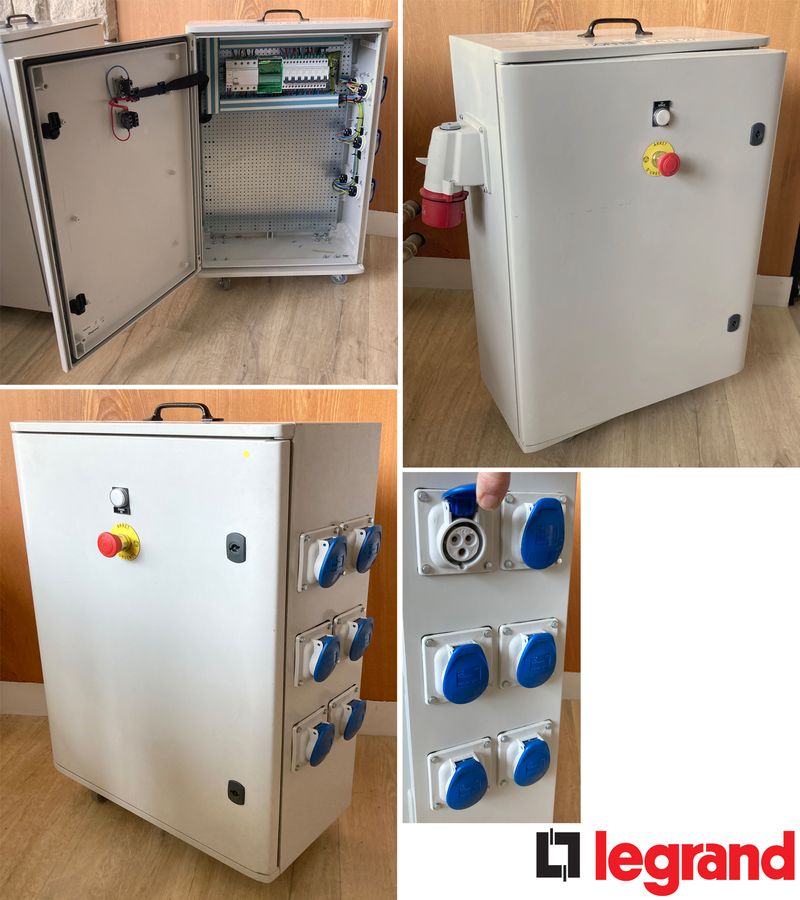 10 UNITES: COFFRET D'ALIMENTATION ELECTRIQUE EXTERIEUR SUR ROULETTES DE MARQUE LEGRAND MODELE MARINA OUVRANT PAR UNE PORTE FERMANT A CLE SUR UNE RAMPE DE DISJONCTEURS ET EN FACADE UN COUPE CIRCUIT, SUR LES COTES 1 PRISE MALE TRIPHASEE ET 6 PRISES FEMELLES TRIPHASEES. VENDU SANS CLE. 79 X 63 X 29 CM.