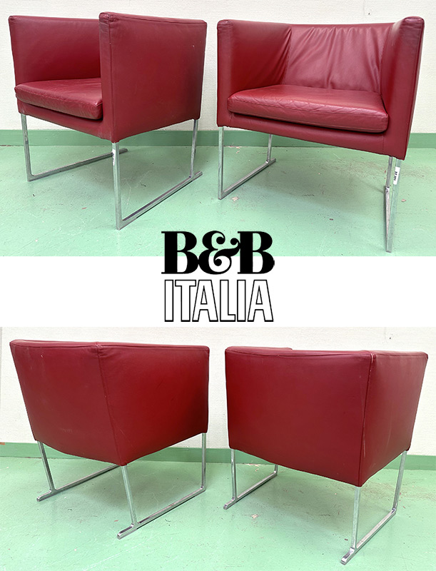 PAIRE DE FAUTEUILS DESIGN ANTONIO CITTERIO MODELE SOLO EDITION B&B ITALIA, DOSSIER ACCOUDOIR ET ASSISE EN CUIR DE COULEUR ROUGE REPOSANT SUR UN PIETEMENT LUGE EN ALUMINIUM POLI. 70 X 64 X 58 CM. LOCALISATION : ARCUEIL 3 0014