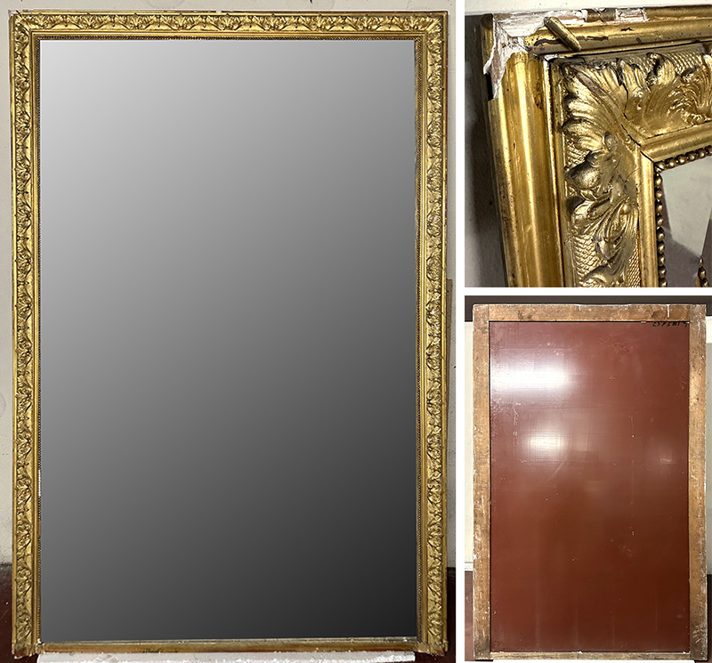 MIROIR DE CHEMINEE EN BOIS ET STUC DORE A DECORS FEUILLAGE. VENDU AVEC SA CAISSE DE TRANSPORT. ACCIDENTS.  179 X 113 X 11 CM. LOCALISATION : ARCUEIL SOUS SOL POSTE.