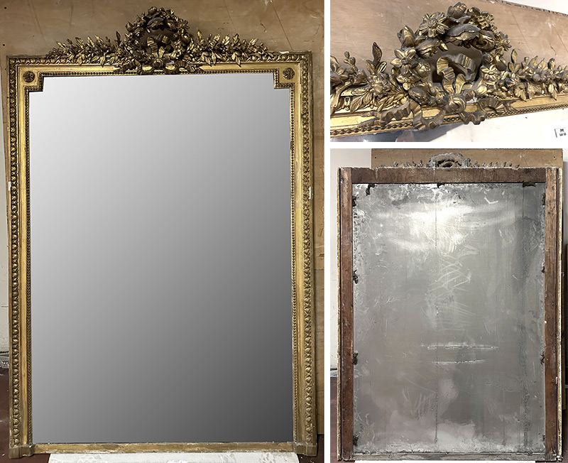 MIROIR DE CHEMINEE DE STYLE LOUIS XVI EN BOIS ET STUC DORE A DECORS DE GUIRLANDE. VENDU AVEC SA CAISSE DE TRANSPORT. MIROIR CASSE. PETITS ECLATS ET MANQUES. 185 X 128 X 21 CM. LOCALISATION : ARCUEIL SOUS SOL POSTE.