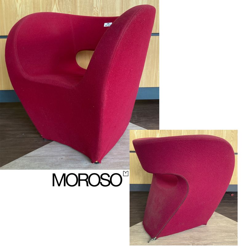 FAUTEUIL DESIGN RON ARAD MODELE LITTLE ALBERT EDITIONS MOROSO EN TISSU DE COULEUR ROUGE. USURE D'USAGE. 75 X 75 X 67 CM. 2 UNITES. VENDU A L'UNITE AVEC FACULTE DE REUNION. ARCUEIL 4.