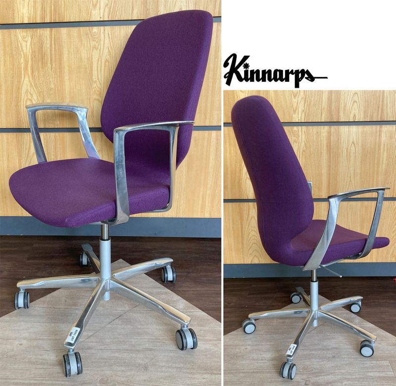 FAUTEUIL DE BUREAU SUR ROULETTE A HAUTEUR AJUSTABLE DE MARQUE KINNARPS MODELE MONROE A DOSSIER ET ASSISE EN TISSU DE COULEUR VIOLETTE, ACCOUDOIRS ET PIETEMENT ETOILE EN ALUMINIUM POLI. 105 X 64 X 70 CM. 15 UNITES. VENDU A L'UNITE AVEC FACULTE DE REUNION. ARCUEIL 4, ARCUEIL 3 00.