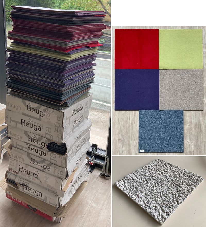 300 APPROX SOIT 75 M² APPROX DE DALLES DE MOQUETTE (50 CM X 50 CM) DONT DE MARQUE HEUGA ET FLOTEX DE DIFFERENTES COULEURS DONT COBALT, VIOLET, VERT POMME, ROUGE... ARCUEIL 4