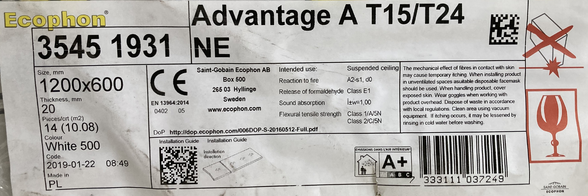 108 APPROX SOIT 78 M² APPROX DE PLAQUES D'ATTENUATION PHONIQUE POUR PLAFOND SUSPENDU DIVERS MARQUE ET MODELE DONT DE MARQUE SAINT GOBAIN MODELE ADVANTAGE A T15/T24 (120 X 60 X 2 CM) ET DE MARQUE ARMSTRONG MODELE SOLARA BOARD M4/03 (120 X 60 X 2 CM). NEUFS DANS LEUR EMBALLAGE D'ORIGINE. ARCUEIL 4.