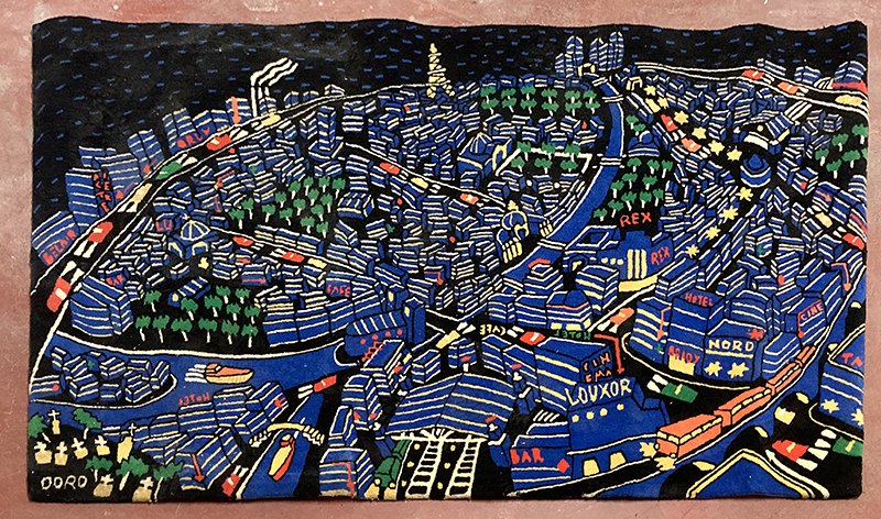 TAPIS DE MARQUE TISCA EN LAINE A FOND DE COULEUR NOIRE A MOTIF DUNE SCENE DE LA VILLE DE PARIS NOCTURNE. SIGNE BAS A GAUCHE "DORO". 209 X 130 CM. ARCUEIL SOUS-SOL POSTE