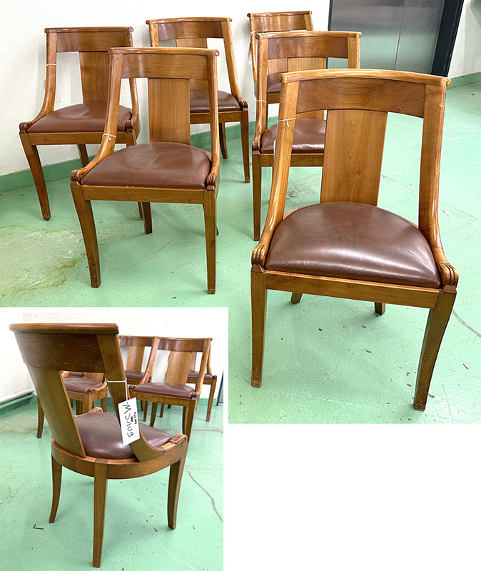 7 CHAISES DE STYLE RESTAURATION EN BOIS VERNI ET ASSISE EN CUIR DE COULEUR CUIR FAUVE. 80 X 48,5 X 49 CM. ARCUEIL 3 00S14 LOCALISATION : ARCUEIL RESERVE 00 SALLE 14