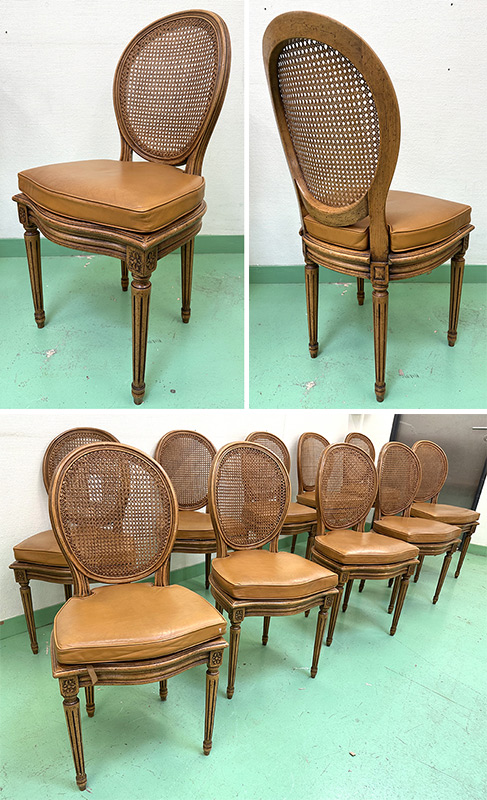 SUITE DE 10 CHAISES DE STYLE LOUIS XVI ASSISE ET DOSSIER MEDAILLON CANNELE REPOSANT SUR 4 PIEDS SCULPTES EN BOIS NATUREL. VENDU AVEC GALETTE EN CUIR FAUVE DETACHABLE. 95,5 X 48 X 51 CM. LOCALISATION : ARCUEIL RESERVE 00 SALLE 14