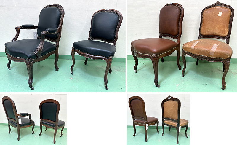 3 CHAISES ET 1 FAUTEUIL DE STYLE LOUIS XV DOSSIER ET ASSISE EN CUIR CLOUTE DE COULEUR NOIR CAMEL ET FAUVE (TRACES DE SCOTCH) SUR UNE STRUCTURE EN ACAJOU A PIEDS GALBES SUR 2 ROULETTES A L'AVANT. MANQUE 1 ROULETTE. 83 X 52 X 51 CM. LOCALISATION : ARCUEIL RESERVE 00 SALLE 14