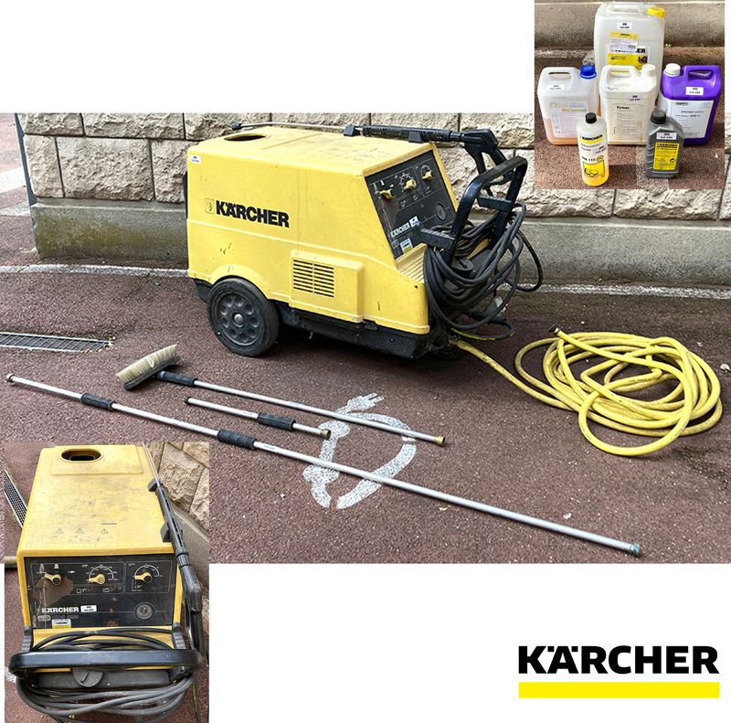 NETTOYEUR HAUTE PRESSION, MOTEUR ELECTRIQUE DE 380 VOLTS DE 6400 WATTS, POMPE 195 BAR, CHAUDIERE A GASOIL, EAU CHAUDE 98°C / 155°C DE MARQUE KARCHER MODELE HDS 990 ER 111 SUR ROUES. VENDU AVEC SA LANCE HAUTE PRESSION, UN EMBOUT BROSSE, 2 RALLONGES DROITES, 1 TUYAU D'ALIMENTATION DE 10 METRES (APPROX) ET 6 BIDONS DE PRODUIT DONT : ADOUCISSANT, HUILE, NETTOYANT, ETC... 80 X 130 X 60 CM. ARCUEIL 5