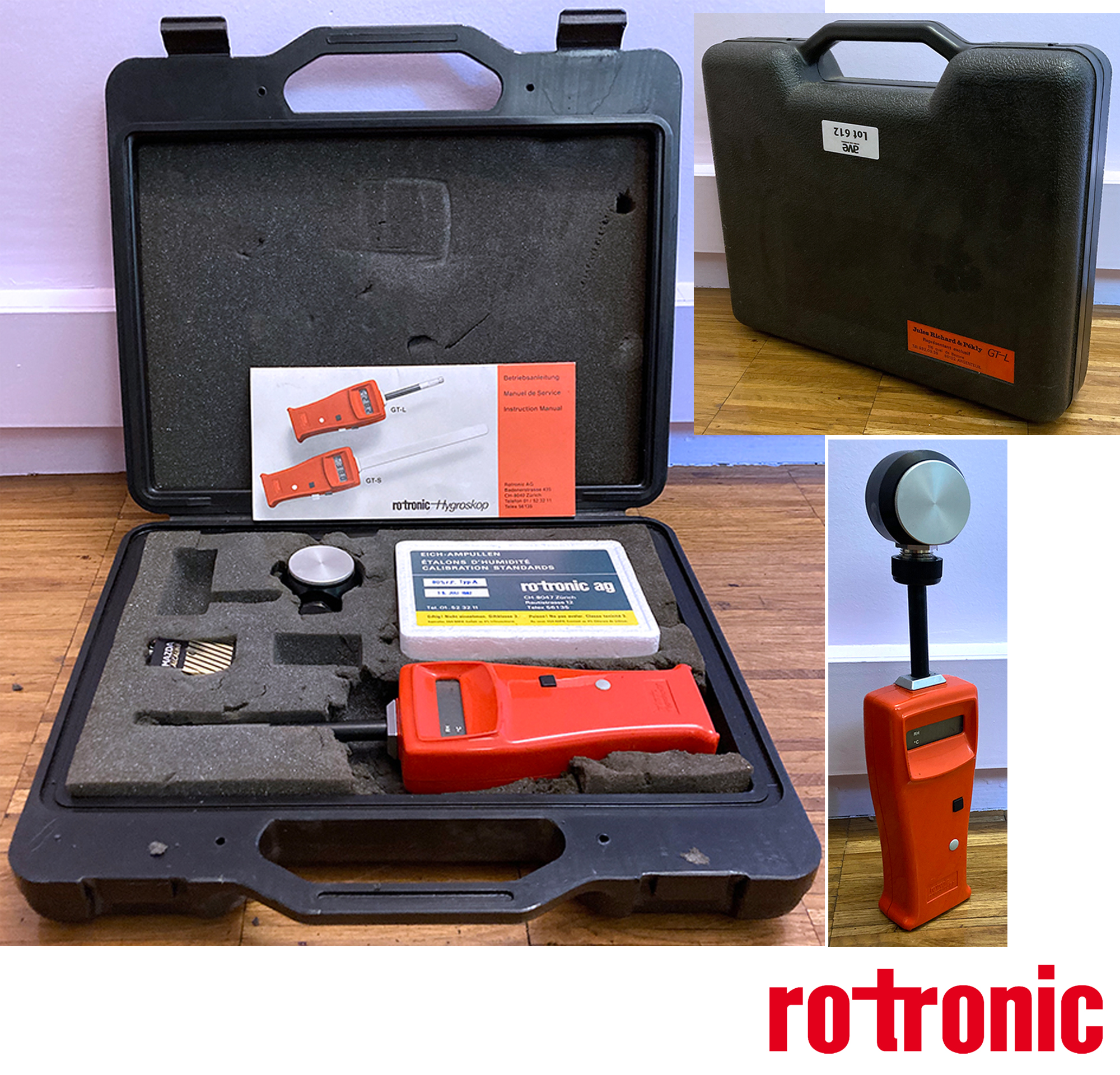 THERMOMETRE CAPTEUR D'HUMIDITE DE MARQUE RO-TRONIC MODELE HYDROSKOP GT-L VENDU AVEC SA MALETTE, MODE D'EMPLOI, EXTENSION DE CAPTEUR ET ETALONS D'HUMIDITE STANDARDS.