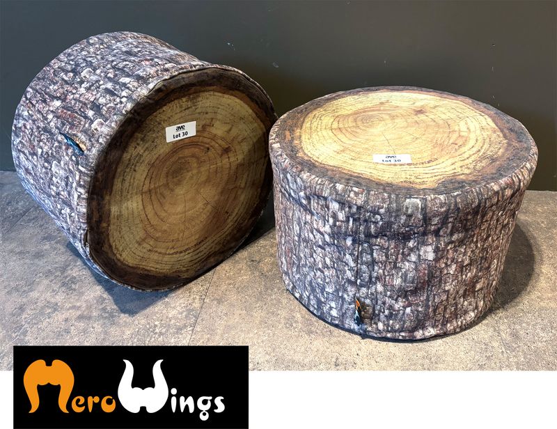 2 POUFS OU TABOURETS EN FORME ET DECORS DE BILLE DE BOIS DE MARQUE MERO WINGS MODELE FOREST MINI TREE SEAT INDOOR. 30 X 40 CM.