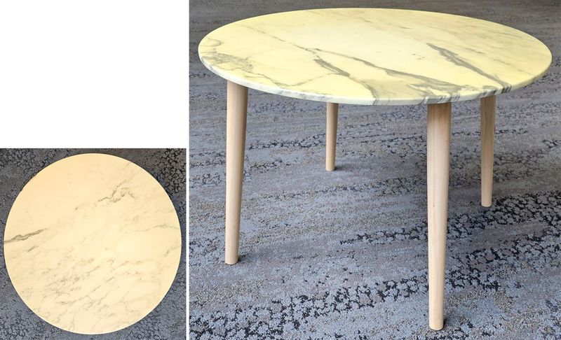 TABLE MI-BASSE RONDE PLATEAU EN MARBRE ARABESTO REPOSANT SUR 4 PIEDS EN PIN. 48,5 X 70 CM. 2 UNITES. VENDU A L'UNITE AVEC FACULTE DE REUNION. LOCALISATION -> BAT A : 1 SE