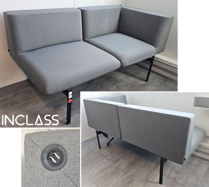 MERIDIENNE OU CANAPE 2 PLACES MODULABLE A UN ACCOUDOIR GAUCHE DE MARQUE INCLASS MODELE LAPSE ASSISE ET DOSSIER AVEC 2 USB EN TISSUS DE COULEUR GRIS SOURIS REPOSANT SUR UN PIETEMENT EN ACIER LAQUE NOIR. 72 X 144 X 72 CM. LOCALISATION -> BAT A : RDC S