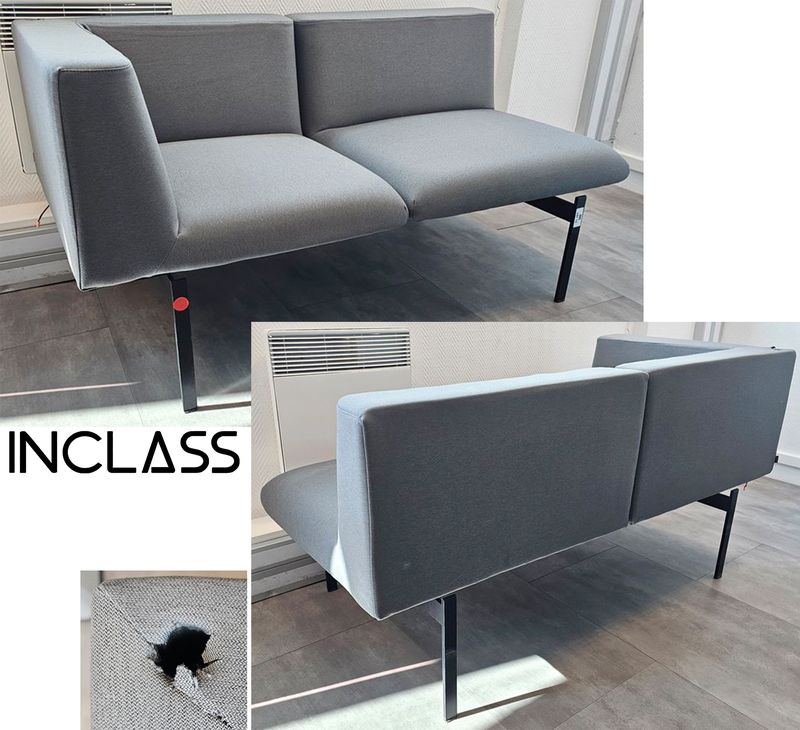 MERIDIENNE OU CANAPE 2 PLACES MODULABLE, ACCOUDOIR A DROITE DE MARQUE INCLASS MODELE LAPSE ASSISE ET DOSSIER AVEC 2 USB EN TISSUS DE COULEUR GRIS SOURIS REPOSANT SUR UN PIETEMENT EN ACIER LAQUE NOIR. 72 X 144 X 72 CM. PRISE USB ENFONCEE, VENDU SANS TRANSFORMATEUR. LOCALISATION -> BAT A : RDC S