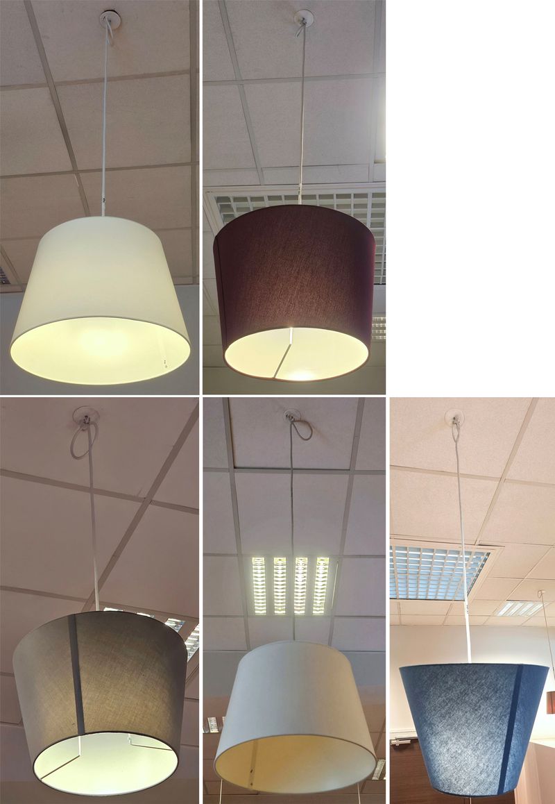 SUSPENSION LUMINEUSE LED AVEC ABAT-JOUR EN TISSU DE COULEUR BORDEAU OU GRIS ANTHRACITE OU BLANC OU BEIGE. 110 X 43 CM. DEMONTAGE PAR L'ACHETEUR DANS LES REGLES DE L'ART. 8 UNITES. VENDU A L'UNITE AVEC FACULTE DE REUNION. LOCALISATION -> BAT A : FORUM