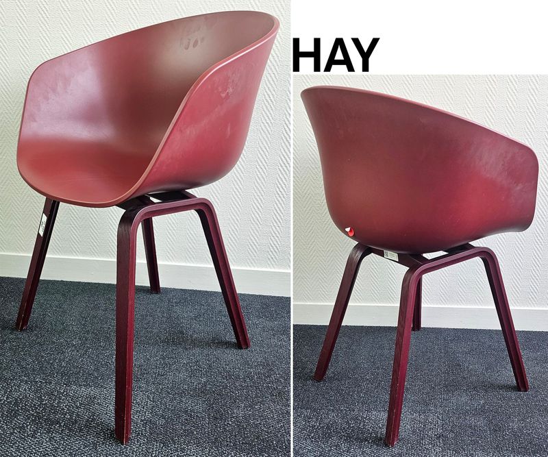 FAUTEUIL DESIGN HAY & HEE WELLING MODELE AUBOUT A CHAIR AAC22 EDITION HAY COQUE EN POLYPROPYLENE DE COULEUR BORDEAU REPOSANT SUR 4 PIEDS EN CHENE LAQUE BORDEAU. 77 X 59 X 36 CM. 28 UNITES. VENDU A L'UNITE AVEC FACULTE DE REUNION. LOCALISATION -> BAT A : 1 NO, 1 N, 1 NE, 1 SE, 1 S 1 SO ; BAT B : INFIRMERIE ; BAT FK : 1 ; BAT J : 1