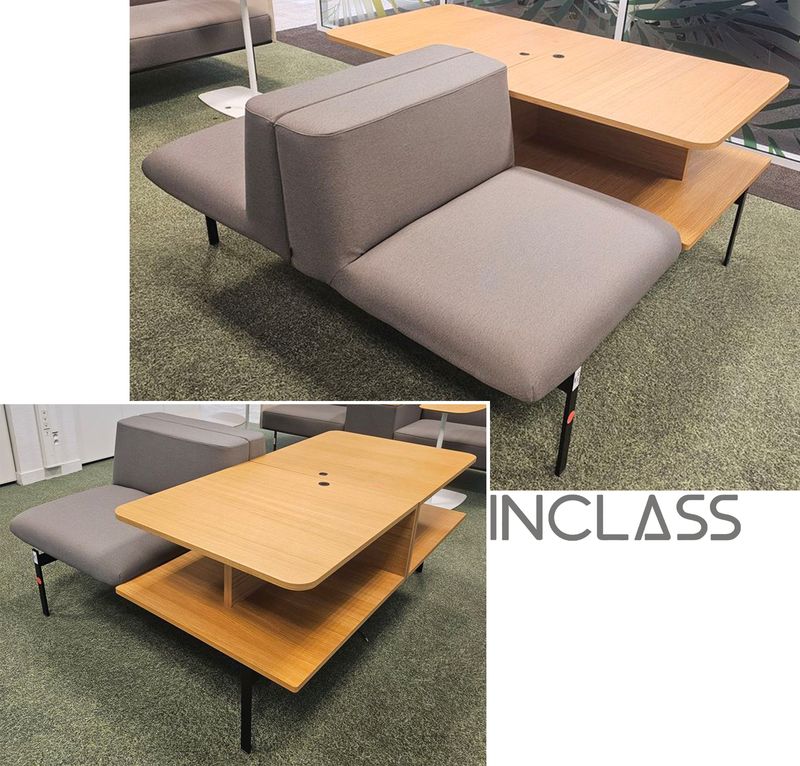 BANQUETTE DOS A DOS 2 PLACES DE MARQUE INCLASS MODELE LAPSE ASSISE ET DOSSIER EN TISSU DE COULEUR GRIS REPOSANT SUR UNE STRUCTURE EN ACIER LAQUE NOIR AVEC TABLETTE EN BOIS STRATIFIE COULEUR CHENE COMPRENANT 4 PORTS USB. 72 X 144 X 150 CM. LOCALISATION -> BAT A : RDC E