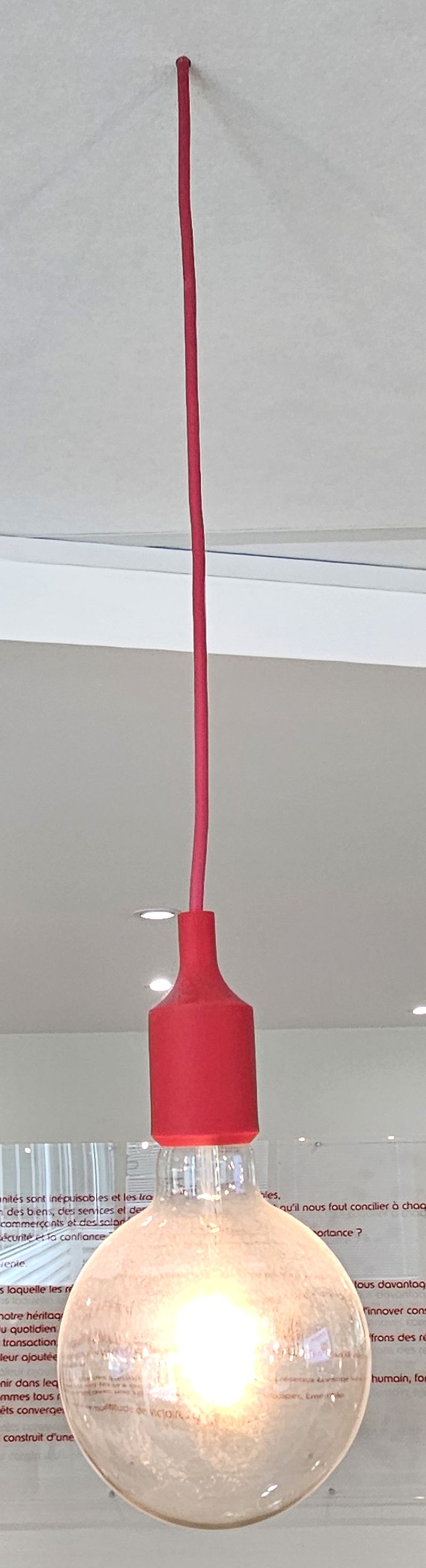 SUSPENSIONS DESIGN TAF ARCHITECTS MODELE SUSPENSION E27 EDITION MUUTO FIL ET CULOT EN SILICONE DE COULEUR ROUGE OU BLEU OU VERT D'EAU OU JAUNE OU NOIR OU BLANC. AMPOULE INDUSTRIELLE. HAUTEUR 78 CM OU 62 CM OU 74 CM. DEMONTAGE PAR L'ACHETEUR DANS LES REGLES DE L'ART. 32 UNITES. VENDU A L'UNITE AVEC FACULTE DE REUNION. LOCALISATION -> BAT A : 2, 1 NO; BAT FK : 1