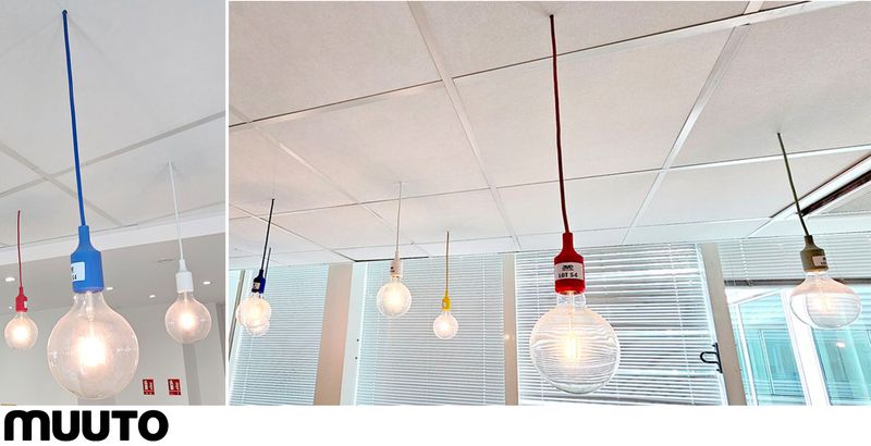 SUSPENSIONS DESIGN TAF ARCHITECTS MODELE SUSPENSION E27 EDITION MUUTO FIL ET CULOT EN SILICONE DE COULEUR ROUGE OU BLEU OU VERT D'EAU OU JAUNE OU NOIR OU BLANC. AMPOULE INDUSTRIELLE. HAUTEUR 78 CM OU 62 CM OU 74 CM. DEMONTAGE PAR L'ACHETEUR DANS LES REGLES DE L'ART. 32 UNITES. VENDU A L'UNITE AVEC FACULTE DE REUNION. LOCALISATION -> BAT A : 2, 1 NO; BAT FK : 1