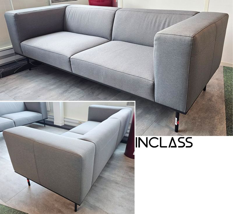 CANAPE 3 PLACES DE MARQUE INCLASS MODELE ESCALAS ASSISE, DOSSIER ET ACCOUDOIRS EN TISSU DE COULEUR GRIS SOURIS REPOSANT SUR UN PIETEMENT EN ACIER LAQUE NOIR. 68 X 200 X 80 CM. 4 UNITES. VENDU A L'UNITE AVEC FACULTE DE REUNION. LOCALISATION -> BAT A : 3, 2 SUD