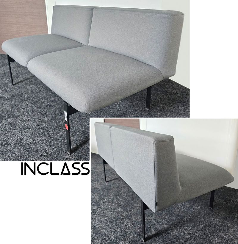 CANAPE 2 PLACES DE MARQUE INCLASS MODELE LAPSE, ASSISE ET DOSSIER EN TISSU DE COULEUR GRIS SOURIS REPOSANT SUR UN PIETEMENT EN ACIER LAQUE NOIR. 75 X 140 X 70 CM. 4 UNITES. VENDU A L'UNITE AVEC FACULTE DE REUNION. LOCALISATION -> BAT A : 2, RDC S