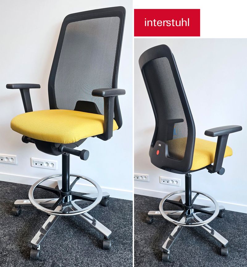 FAUTEUIL DE BUREAU HAUT A HAUTEUR ET DOSSIER AJUSTABLE DE MARQUE INTERSHTUL MODELE EVERYis1 EV811 DOSSIER EN RESILLE DE COULEUR NOIRE ET ASSISE EN TISSU DE COULEUR JAUNE REPOSANT SUR UN PIETEMENT ETOILE A ROULETTES A 5 BRANCHES EN ACIER CHROME. HAUTEUR MAX : 157 CM, HAUTEUR MIN : 127 CM, 62 X 72 CM. 4 UNITES. VENDU A L'UNITE AVEC FACULTE DE REUNION. LOCALISATION -> BAT A : 2 S, 1 NO