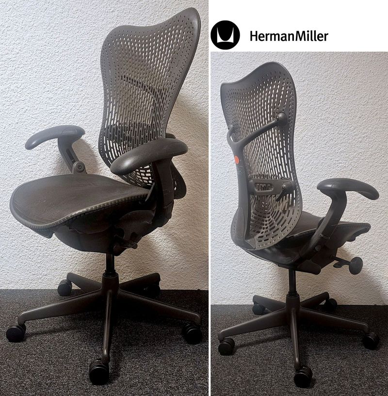 FAUTEUIL DE BUREAU A HAUTEUR ET ASSISE AJUSTABLE DESIGN STUDIO 7.5 MODELE MIRRA 2 EDITION HERMAN MILLER, DOSSIER TRIFLEX AVEC SOUTIEN LOMBAIRE ET ASSISE EN RESILLE DE COULEUR NOIR REPOSANT SUR UN PIETEMENT ETOILE A 5 BRANCHES EN ALUMINIUM LAQUE NOIR. HAUTEUR MAX : 115 CM, HAUTEUR MIN : 100 CM, 74 X 68 CM. LOCALISATION -> BAT A : -2