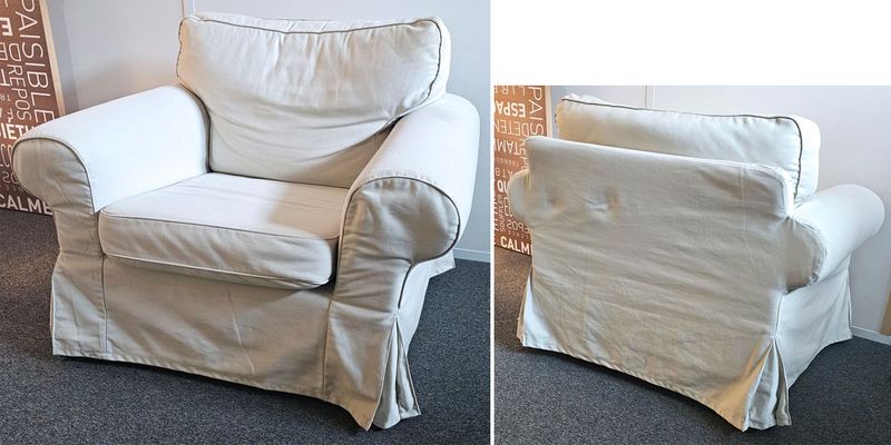 FAUTEUIL ASSISE, DOSSIER ET ACCOUDOIRS EN TISSU DE COULEUR BEIGE. DOSSIER DEHOUSSABLE. TACHE. 87 X 110 X 86 CM. 2 UNITES. VENDU A L'UNITE AVEC FACULTE DE REUNION. LOCALISATION -> BAT A : -1 SE