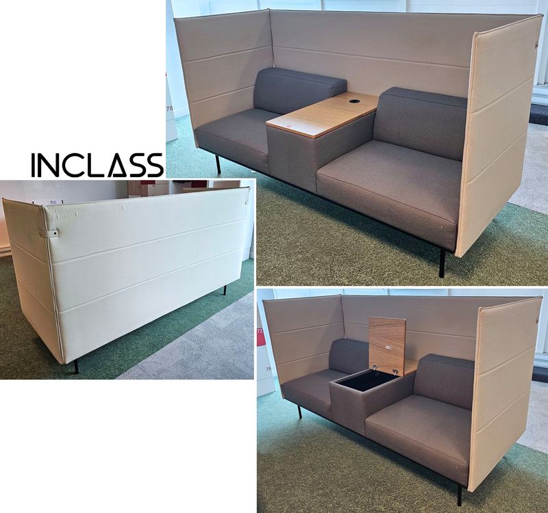 ESPACE DE CONFIDENTIALITE 2 PLACES DE MARQUE INCLASS MODELE ESCALAS ASSISE ET DOSSIER EN TISSU DE COULEUR GRIS SOURIS SEPARE PAR UNE ZONE DE RANGEMENT AVEC UNE PRISE ELECTRIQUE ET USB OUVRANT PAR UNE PORTE BATTANTE EN BOIS REPOSANT SUR UN PIETEMENT EN ACIER LAQUE NOIR. 116 X 205 X 82 CM. 7 UNITES. VENDU A L'UNITE AVEC FACULTE DE REUNION. LOCALISATION -> BAT A : 3, 2, RDC E