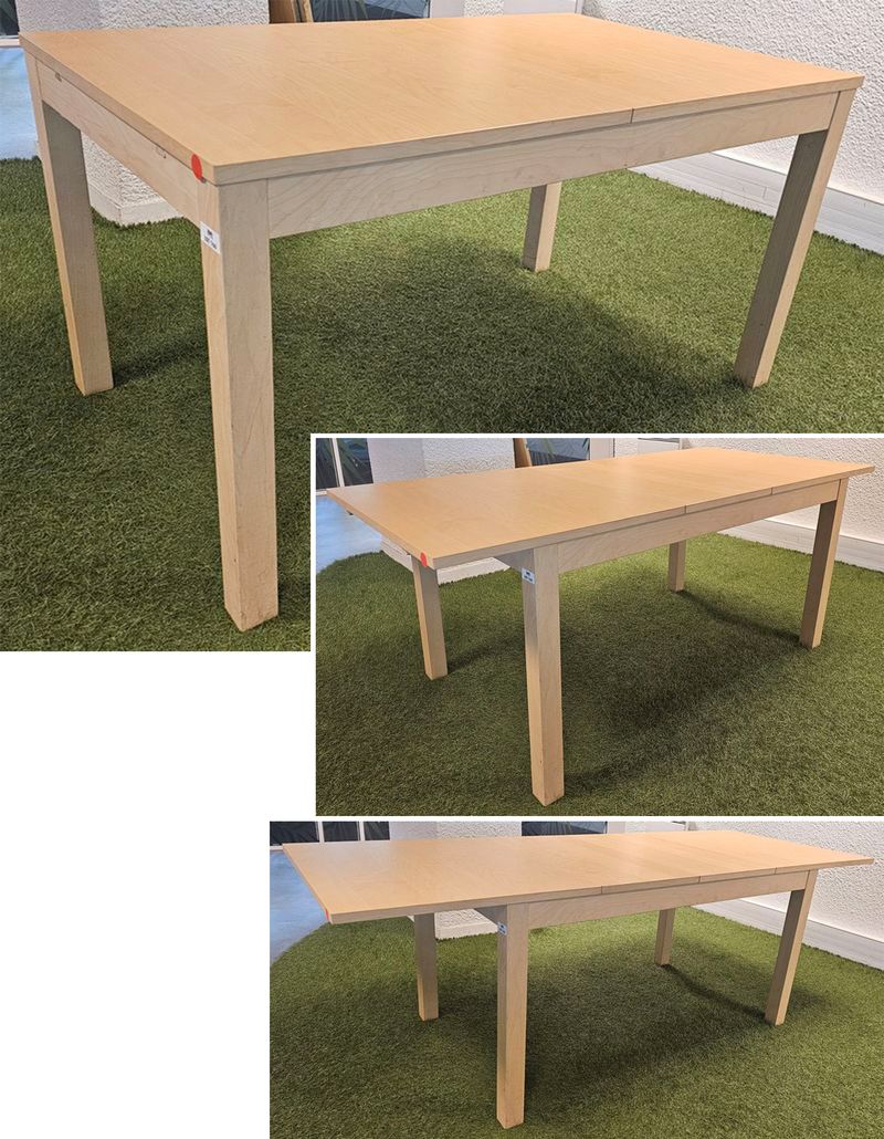 TABLE A MANGER RECTANGULAIRE A 2 RALLONGES, PLATEAU REPOSANT SUR 4 PIEDS EN BOIS CLAIR. LONGUEUR MIN : 140 CM, LONGUEUR MAX : 220 CM, 74 X 84 CM. 3 UNITES. VENDU A L'UNITE AVEC FACULTE DE REUNION. LOCALISATION -> BAT A : -1 SE