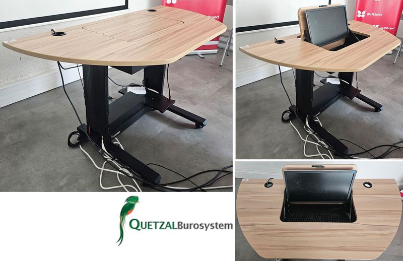 TABLE DE FORMATION OU BUREAU SUR ROULETTES AVEC PLATEAU DEMI LUNE EN BOIS STRATIFIE IMITATION PIN, COMPRENANT UNE TRAPPE POUR ECRAN ET UNE TABLETTE AMOVIBLE POUR LE CLAVIER, REPOSANT SUR UNE STRUCTURE AVEC GOULOTTE ET PIETEMENT EN ACIER LAQUE NOIR DE MARQUE QUETZAL BUROSYSTEM MODELE FORMAT +. 80 X 140 X 70 CM. VENDU AVEC MONITEUR 22 POUCES A ECRAN LED DE MARQUE DELL ET 1 CLAVIER. 2 UNITES. VENDU A L'UNITE AVEC FACULTE DE REUNION. LOCALISATION -> BAT A : -1 SE