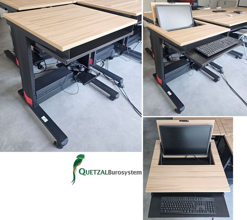 TABLE DE FORMATION OU BUREAU SUR ROULETTES AVEC PLATEAU RECTANGULAIRE EN BOIS STRATIFIE COULEUR PIN, COMPRENANT UNE TRAPPE POUR ECRAN ET UNE TABLETTE AMOVIBLE POUR LE CLAVIER, REPOSANT SUR UNE STRUCTURE AVEC GOULOTTE ET PIETEMENT EN ACIER LAQUE NOIR DE MARQUE QUETZAL BUROSYSTEM MODELE FROMAT+. 80 X 70 X 70 CM. VENDU AVEC MONITEUR 22 POUCES A ECRAN LED DE MARQUE DELL ET 1 CLAVIER. 24 UNITES. VENDU A L'UNITE AVEC FACULTE DE REUNION. LOCALISATION -> BAT A : -1 SE